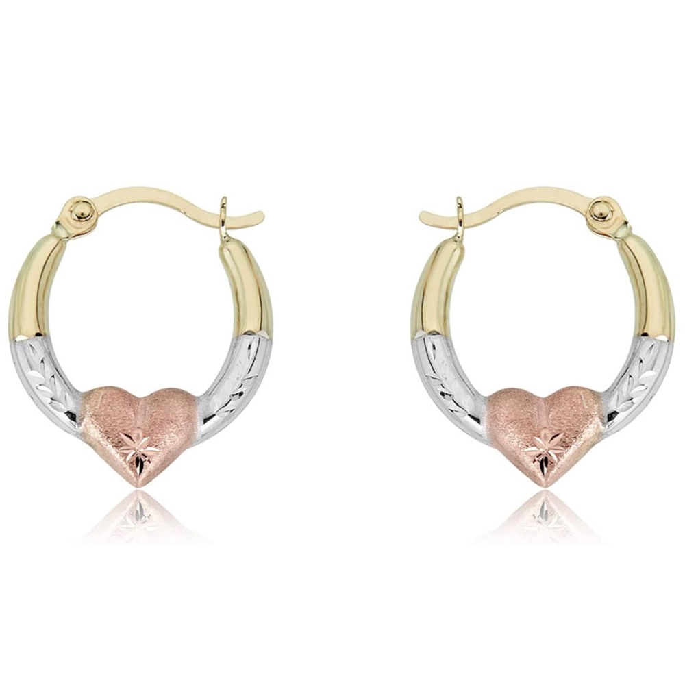 Solid Gold 10k Kids Heart Creole Hoop Earings | 10k 3-Tone or 10k Yellow Gold